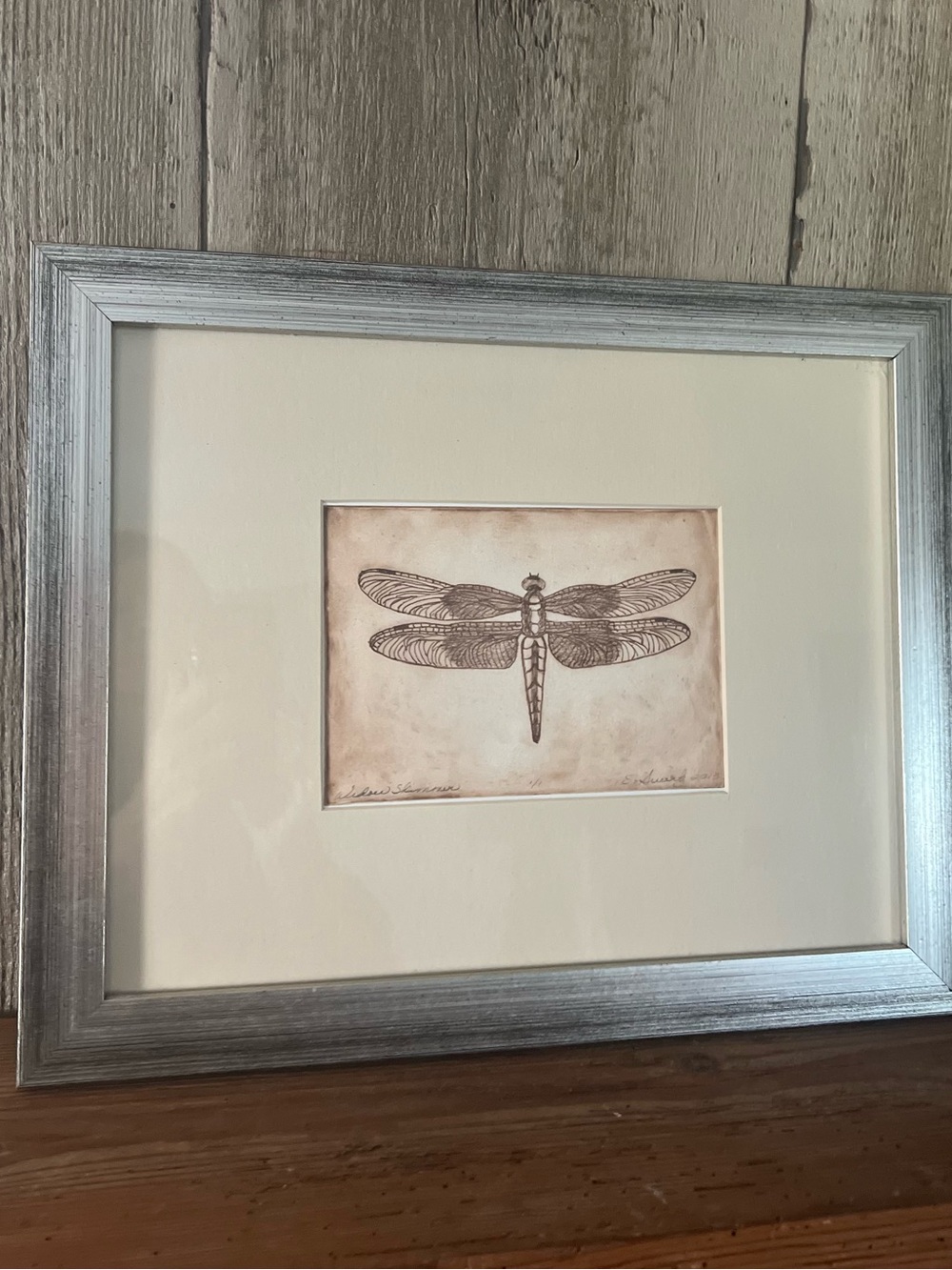 Etched Dragonfly Art Print in Silver Frame by artist in southern Ohio